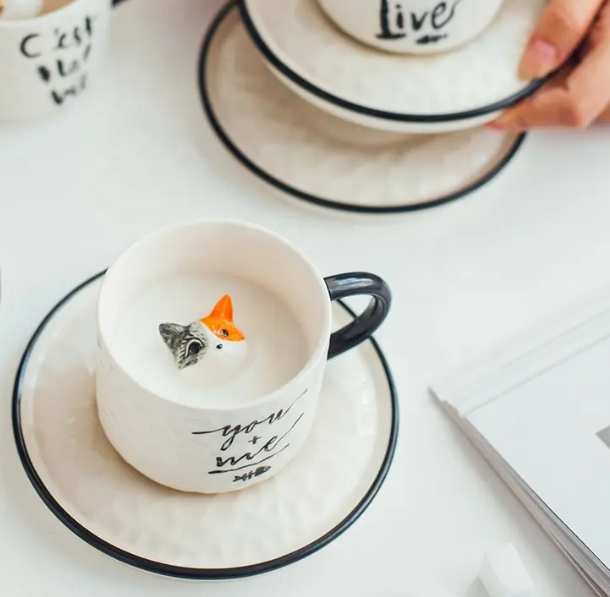 Whisker Warmth" Ceramic Coffee Mug with Lid and Matching for Cat Lovers