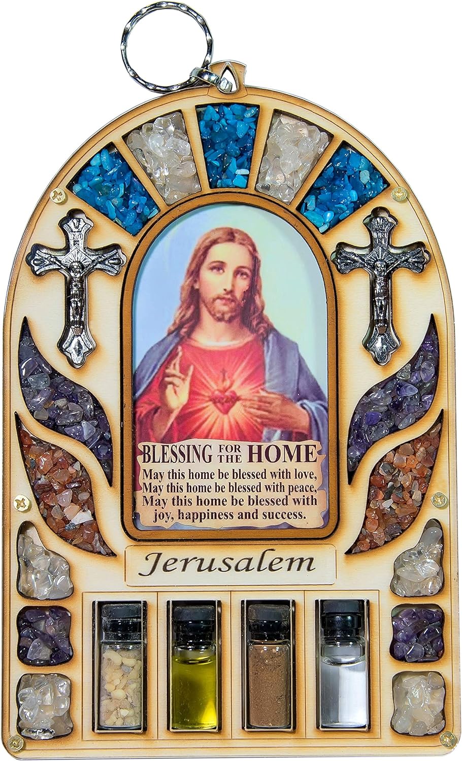 Wooden Home Blessing Wall Decor Sacred Heart of Jesus Jerusalem Soil Cross Catholic Gift Holy Land