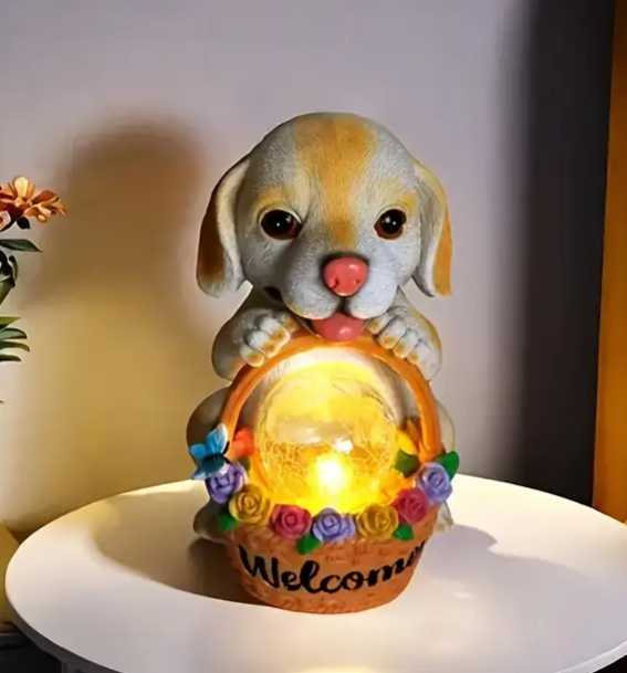 harming Solar-Powered Puppy Welcome Statue - Cute Resin Dog Garden Decor with Flower Basket, Perfect for Outdoor Spaces & Home Accents