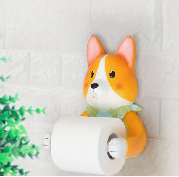 Corgi-Themed Wall-Mounted Toilet Paper Holder - Self-Adhesive, Resin Bathroom Organizer for Tissues & Rolls