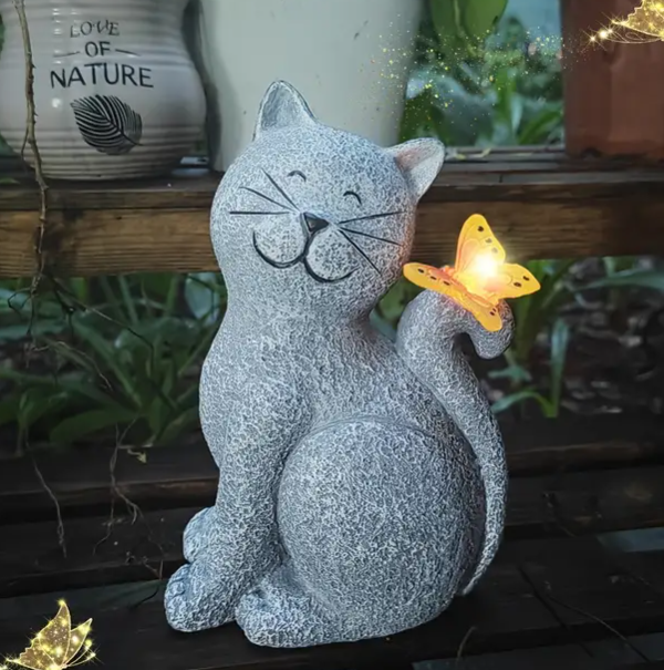 Solar Cat Outdoor Statues for Garden: Outside Decor with Butterfly Clearance for Yard Art Lawn Ornaments Porch Patio Balcony