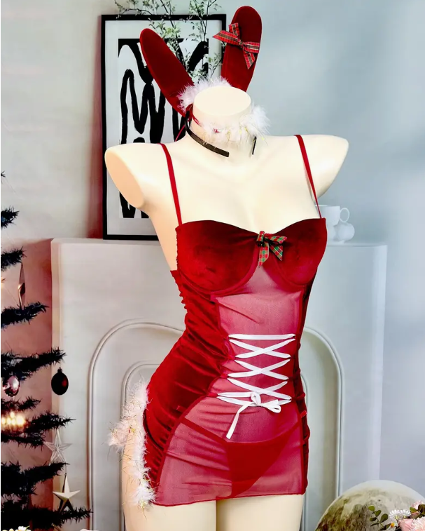 Women's Sexy Naughty Christmas Rabbit Cosplay Slip Dress &amp; Thong Lingerie Underwear Costume