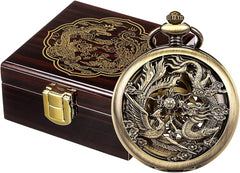 Antique Mechanical Pocket Watch Lucky Dragon & Phoenix Black Skeleton with Box