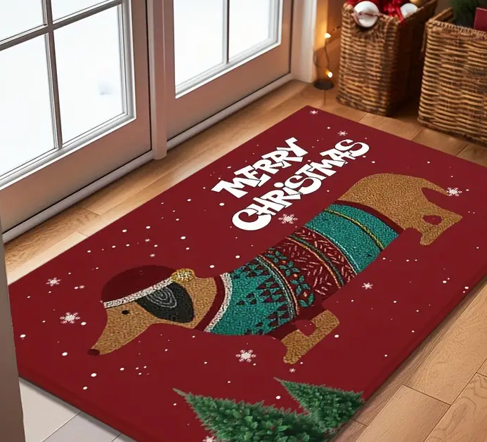 Christmas Dachshund Welcome Doormat - Festive Rectangle Polyester Doormat with Non-Slip Rubber Backing, Machine Washable, Lightweight, Braided, for Home and Bathroom Doorway, Balcony Winter Decor