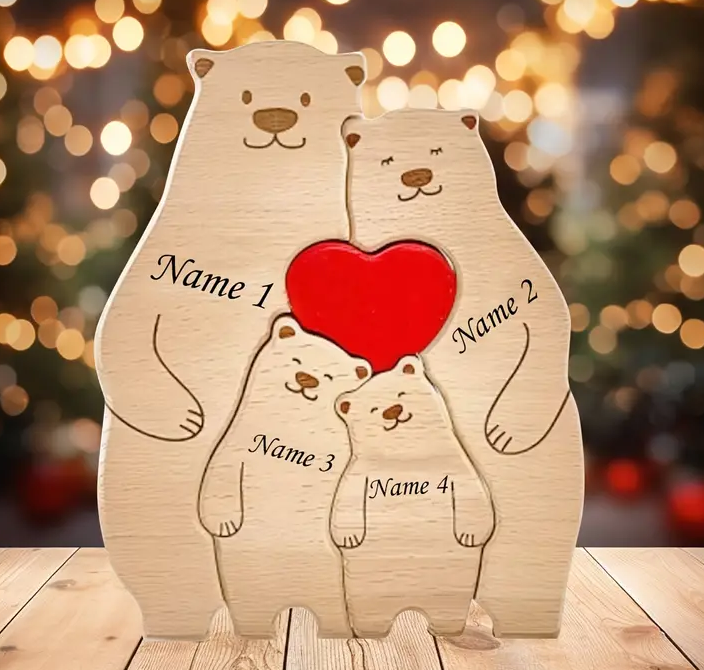 Personalized Family Bear Puzzle Decor - Rustic Wooden Bears with Custom Names, Fits 2-6 Names, Classic Wood Seasonal Décor for Christmas, Halloween, Mother's Day, Father's Day